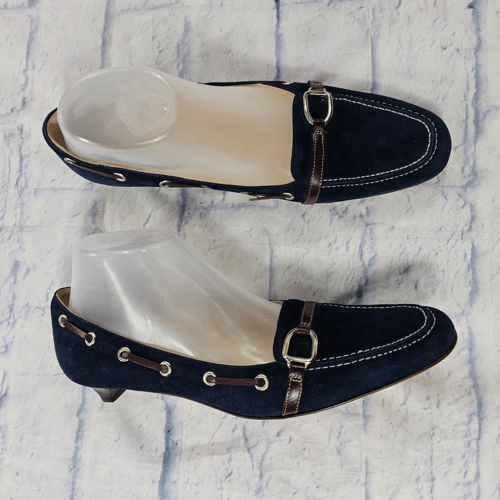 Cole Haan Camela Loafer Pumps WOMENS 8.5 Navy Suede Buckle Kitten Heel Italy